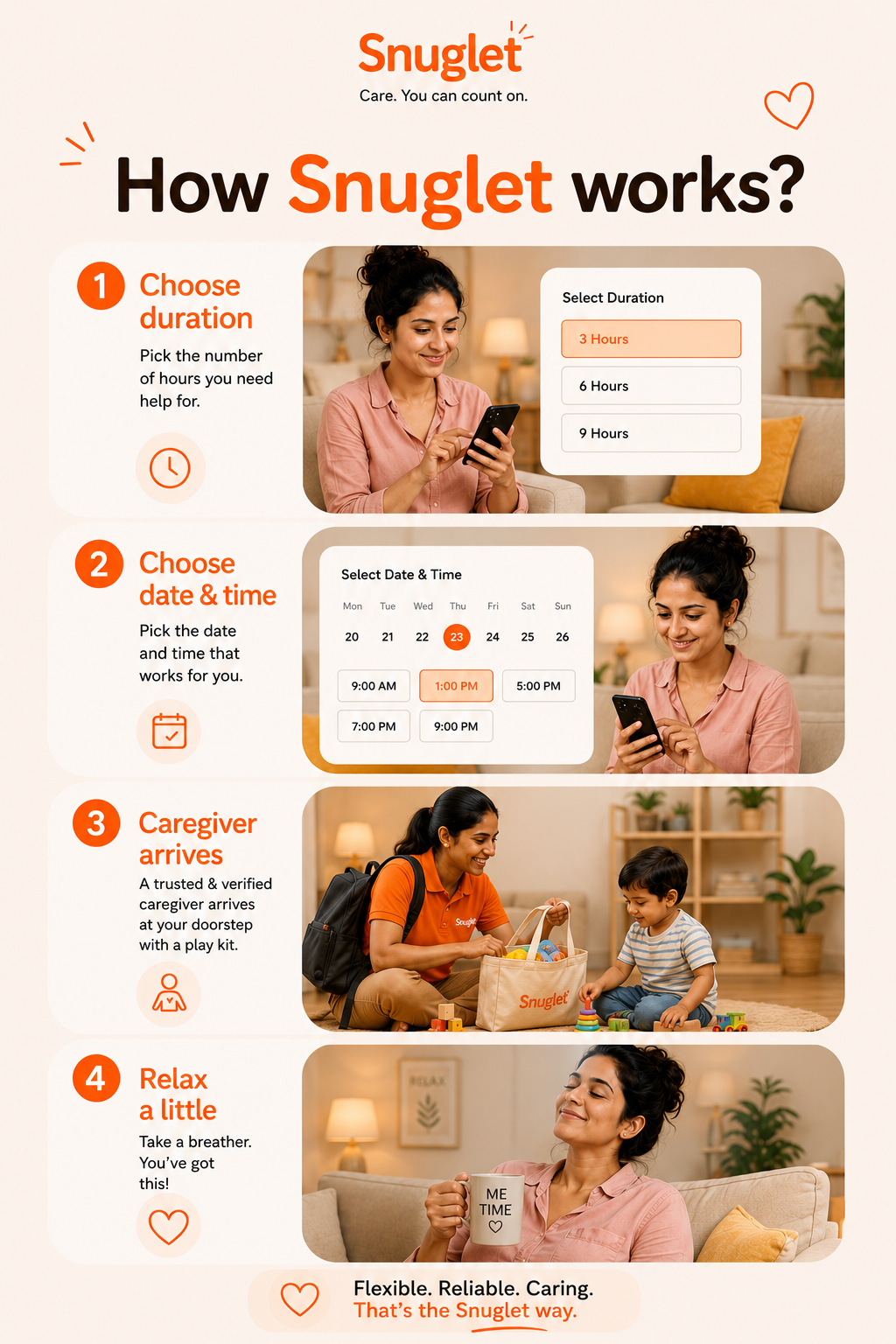 How Snuglet caregiver booking works
